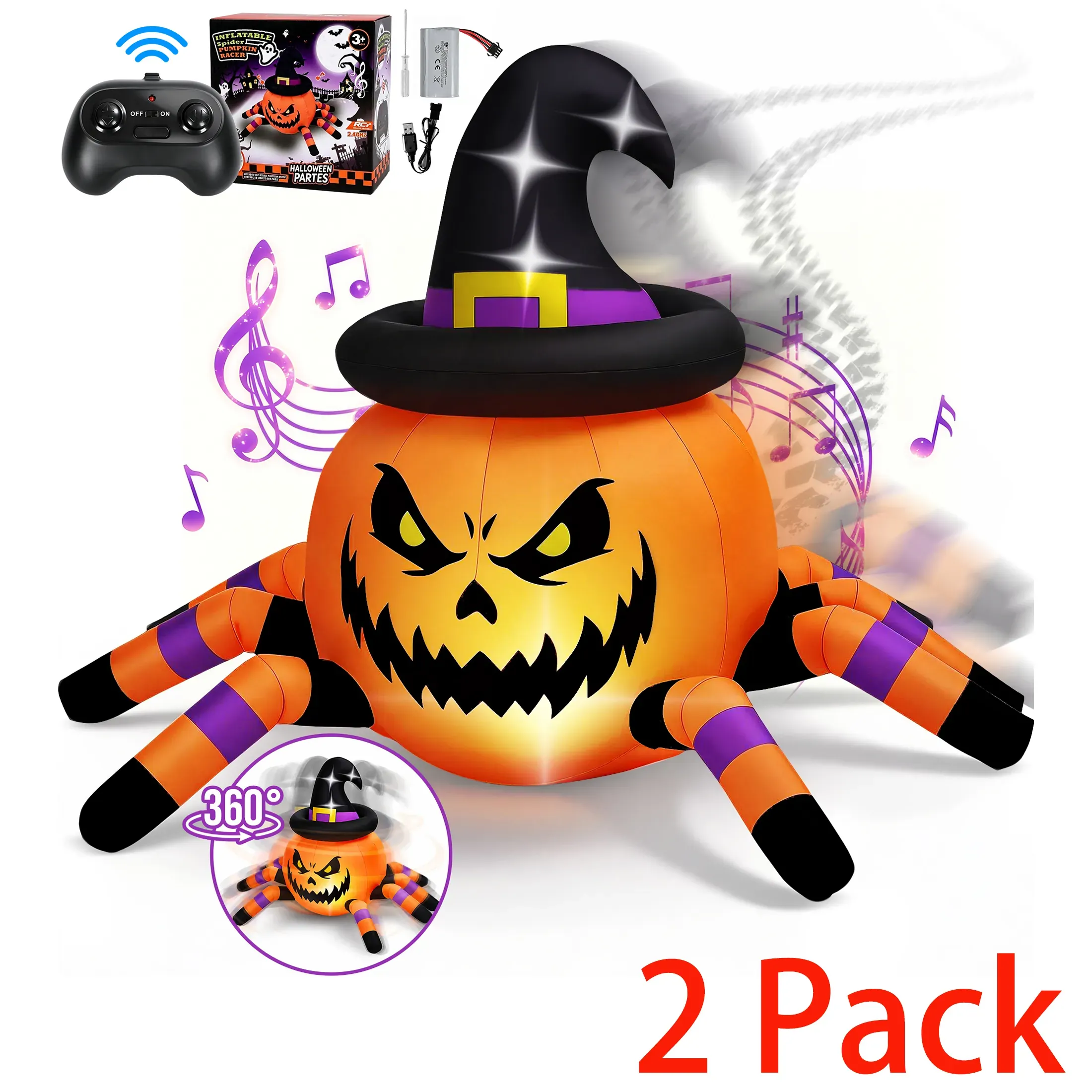 Remote-Control Inflatable Pumpkin Spider Car with Music and LED Lights